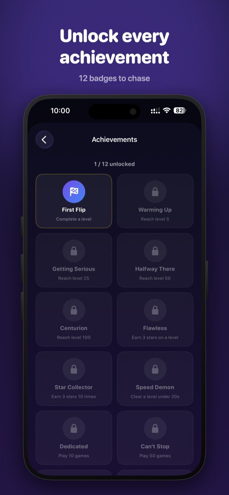 FlipWell Achievements screen showing 12 badges, with First Flip unlocked and others locked with their requirements