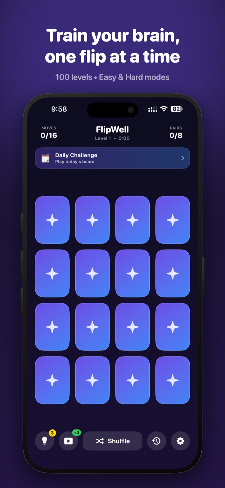 FlipWell game board with a 4x4 grid of face-down cards, a moves and pairs header, and a Daily Challenge banner