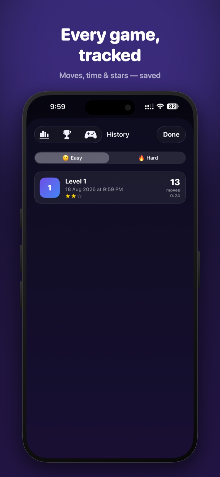 FlipWell History screen with an Easy/Hard toggle and a saved game entry showing level, date, moves, time and stars