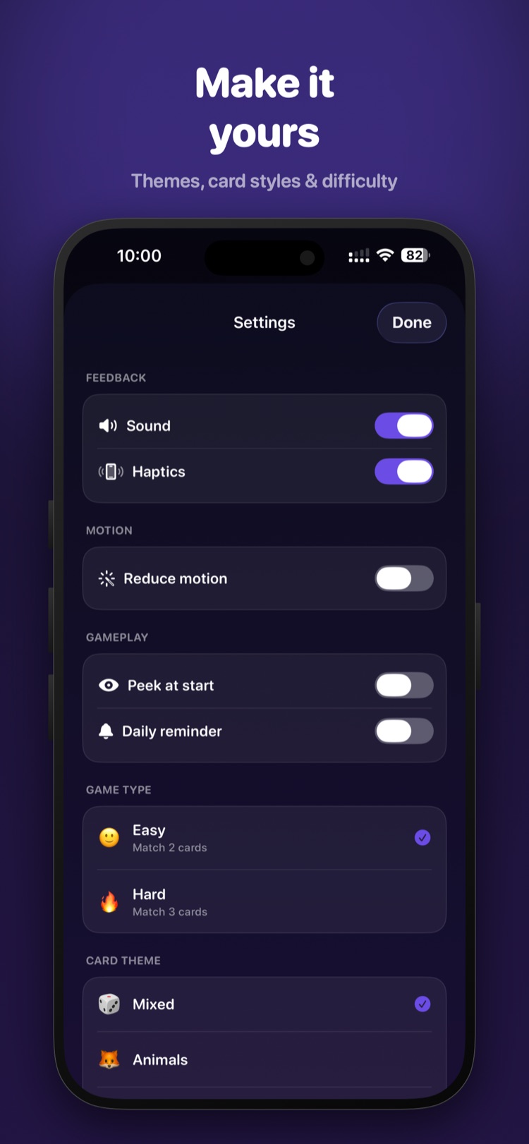 FlipWell Settings screen with sound, haptics, reduce motion, gameplay toggles, Easy/Hard difficulty and card themes