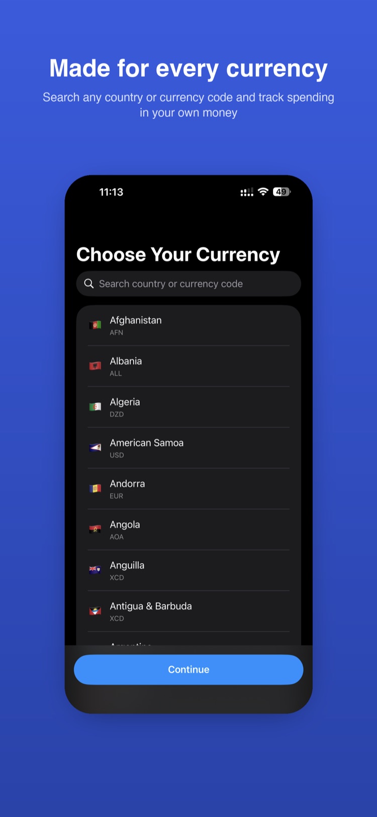 Amounta Choose Your Currency onboarding screen with a searchable, flag-labeled list of countries and currency codes
